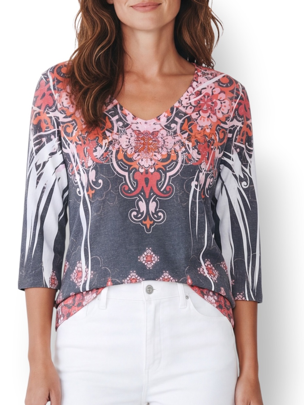 4/$20 Westbound Embellished Medallion Print 3/4 Sleeve Soft Knit Top